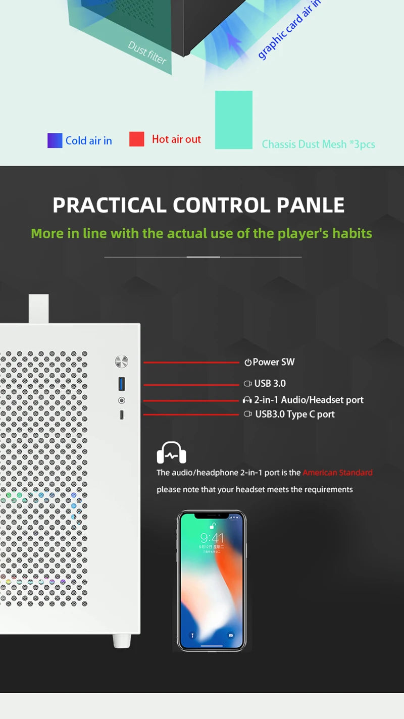 METALFISH S9 MATX Computer Case Gaming PC Chassis Support MATX/ITX/ATX PSU/240 Liquid Cooler/360mm GPU.
