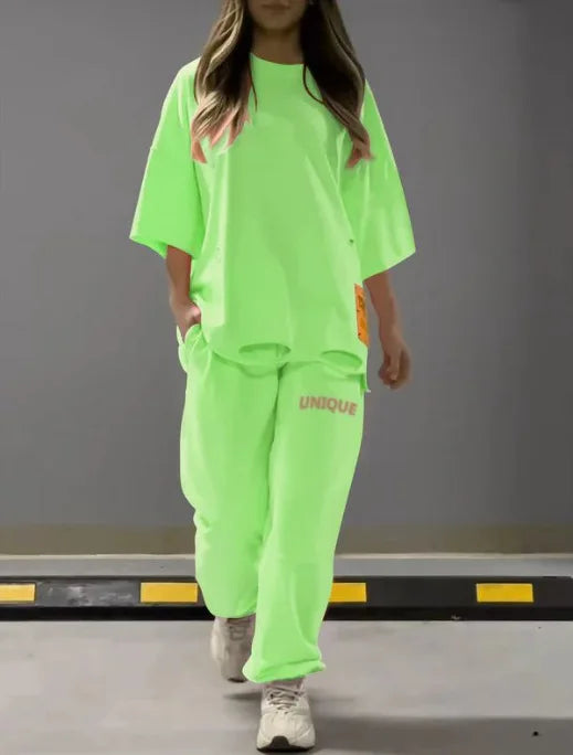 Summer New Fashion Hollowed Out O Neck T Shirt Women's 2 Piece Set Solid Color Casual Relaxed Tracksuit Pants Pocket Female Suit.