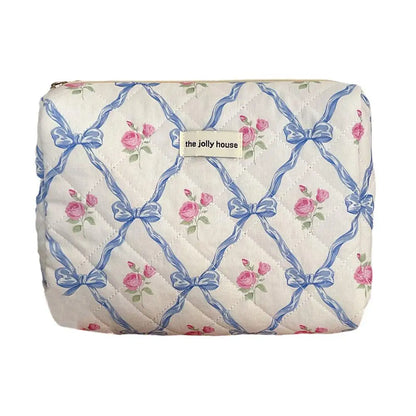 Cute Bow Flower Quilting Makeup Bag Women Zipper Cosmetic Organizer Female Cloth Handbag Portable Toiletry Case For Girls.