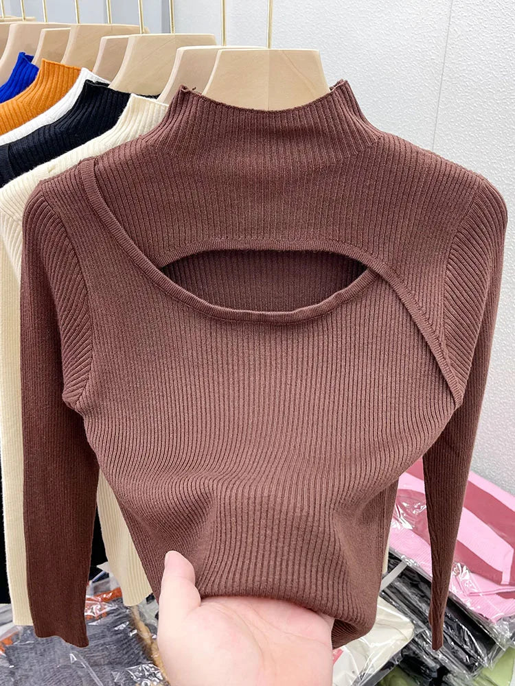 2025 weibliche Casual Pullover Herbst Winter Sexy Aushöhlen Frauen Pullover Schlank Vintage Jumper Weiche Warme Pull Gestrickte Pullover Tops
