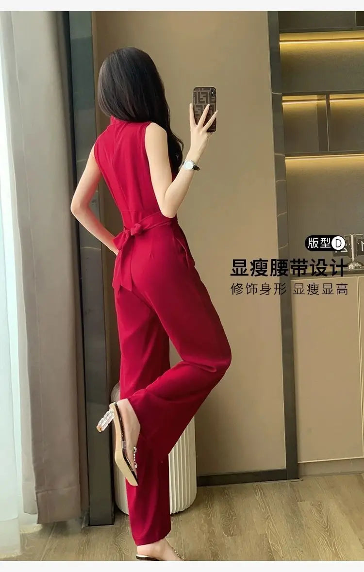 Women's Wide Leg Jumpsuit Pants 2025 Summer New Casual Straight Tube Sports Overalls V-neck Sleeveless Bodysuit For Women Romper.