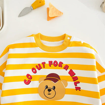 Cartoon gelber Bär gestreifter Body Frühling Herbst weiche Baumwolle Baby kleidung Overall Neugeborene Kleidung K6181-1.
