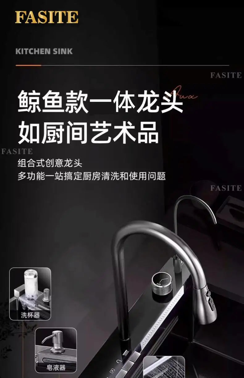 5.0 Thickened Whale Honeycomb Sink Feiyu Waterfall 304 Stainless Steel Handmade Digital Display Single Sink Household Kitchen