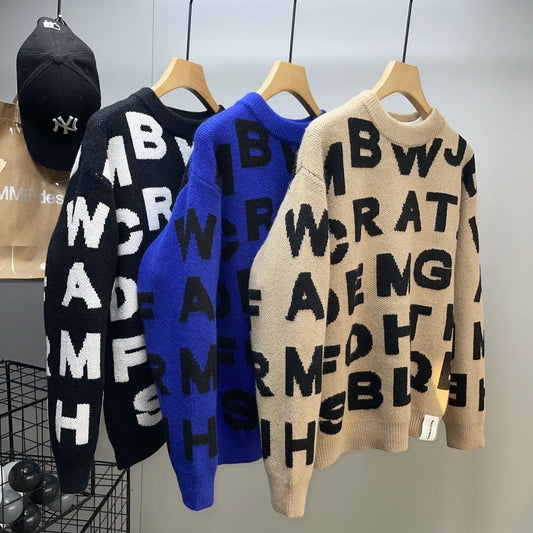 Sweater Men's Clothing Winter Full-print Letter Jacquard Loose Thickened Design Round Neck Top Trendy American Style Sweater.