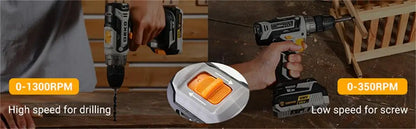 Die 20-V-Akku-Bohrmaschine von DEKO verfügt über zwei Wechselgeschwindigkeiten. 18+1 Drehmomentschraubendreher. 29-teiliges Bohrset mit 1,5-Ah-Akku und Ladegerät