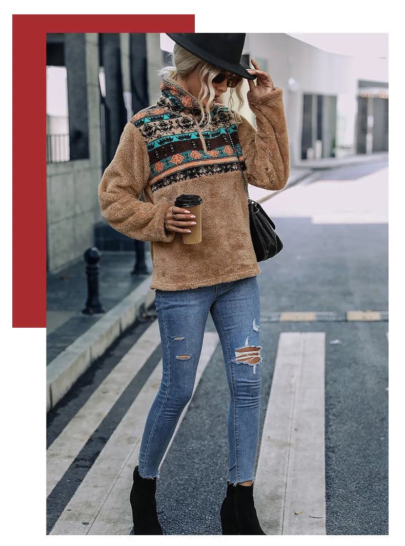 Fairyshely 2025 Winter Print Women Hoodies Casual Long Sleeve Hood Sweatshirt Loose Autumn Lady Stand Collar Plush Hoodie Tops.