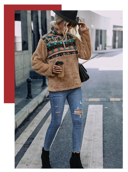 Fairyshely 2025 Winter Print Women Hoodies Casual Long Sleeve Hood Sweatshirt Loose Autumn Lady Stand Collar Plush Hoodie Tops.