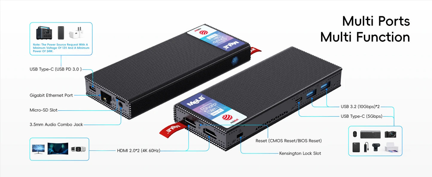 MeLE PCG02 Pro Fanless Mini PC Stick N5105 8GB/256GB, WiFi5 USB PD3.0, Micro Computer Desktop Dual HDMI, Gigabit Ethernet BT5.1.