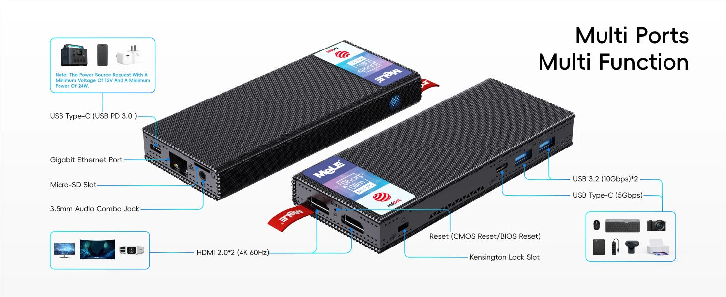 MeLE PCG02 Pro Fanless MINI PC Stick N100 8G 256G Mini Computer Dual HDMI,4266MHz LPDDR4,WiFi5 Gigabit Ethernet,USB Type-C PD3.0.