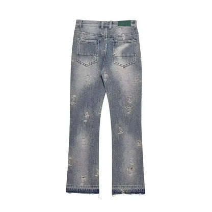 Loose Men's Straight Leg Jeans Casual High Street American Style Torn Frayed Hem Wide Leg Pants Trendy Casual Denim Trousers.