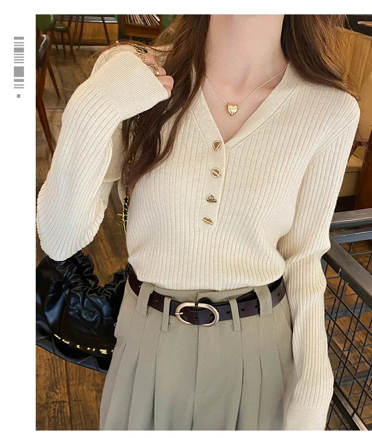 2023 herbst Winter Frauen Pullover Beiläufige Dünne Taste Gestrickte Pullover Pullover Femme Grundlegende Solide Jersey Tops Mode Kleidung.