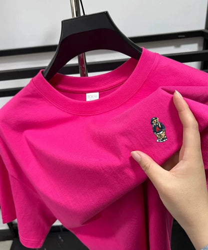 Light luxury 100% cotton men's T-shirt short sleeve round neck skin friendly comfort fashion brand cartoon bear embroidered top