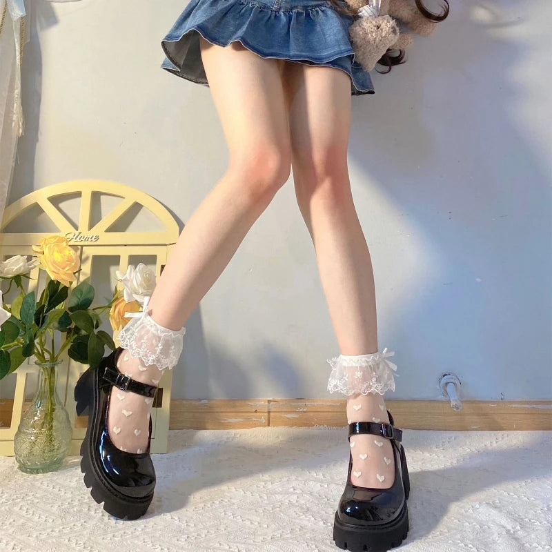 Women Lolita Transparent Mesh Crew Socks Sweet Ruffled Lace Trim Bowknot Cute Love Heart Pattern Anime Princess Hosiery.