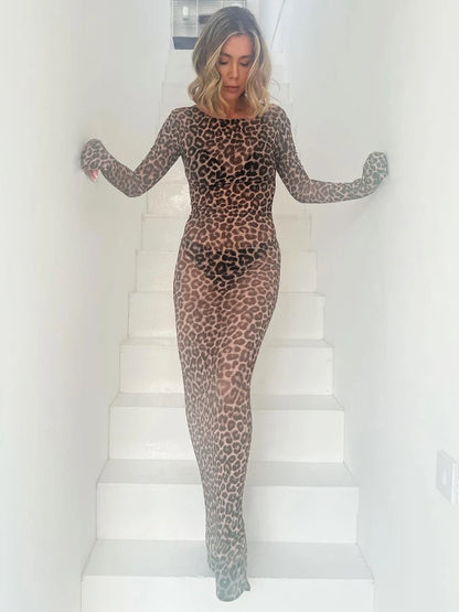 Dulzura 2024 Sexy Elegantes Maxikleid Bedrucktes Leoparden-Langarmkleider Damenkleidung Y2K Lady Party Club Streetwear Urlaub