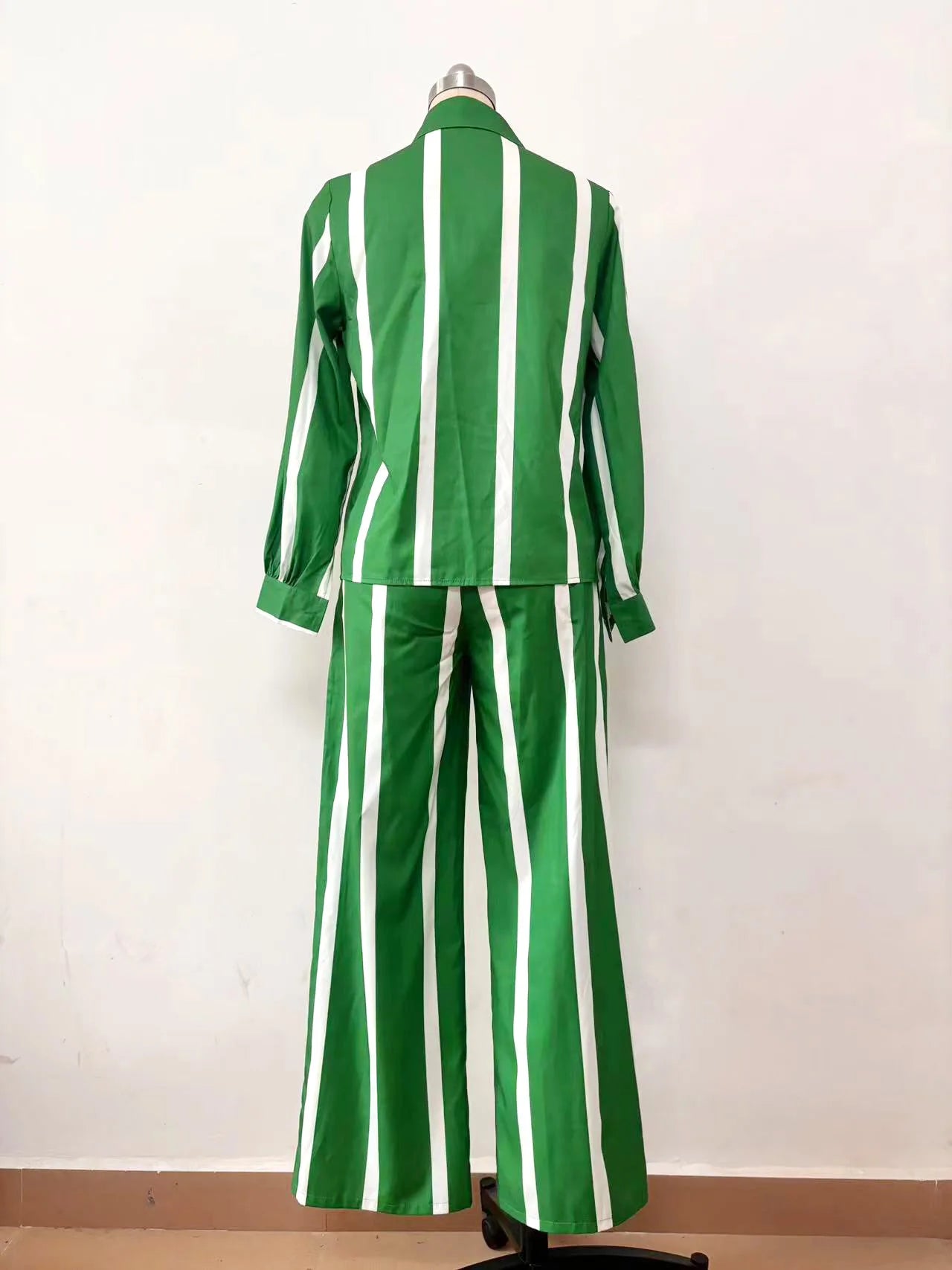 Fashion Striped Print Suit For Women Elegant Lapel Long Sleeved Shirt Elastic Waist Wide Leg Pants Two Piece Set 2024 Autumn New.