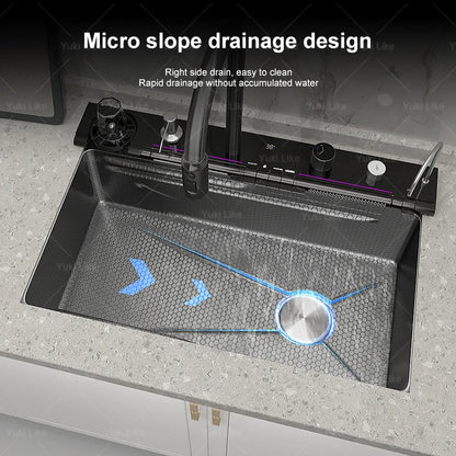 Neue Wasserfall Küchen spüle Edelstahl Multifunktion große Einzels chlitz integrierte Digital anzeige Waschbecken