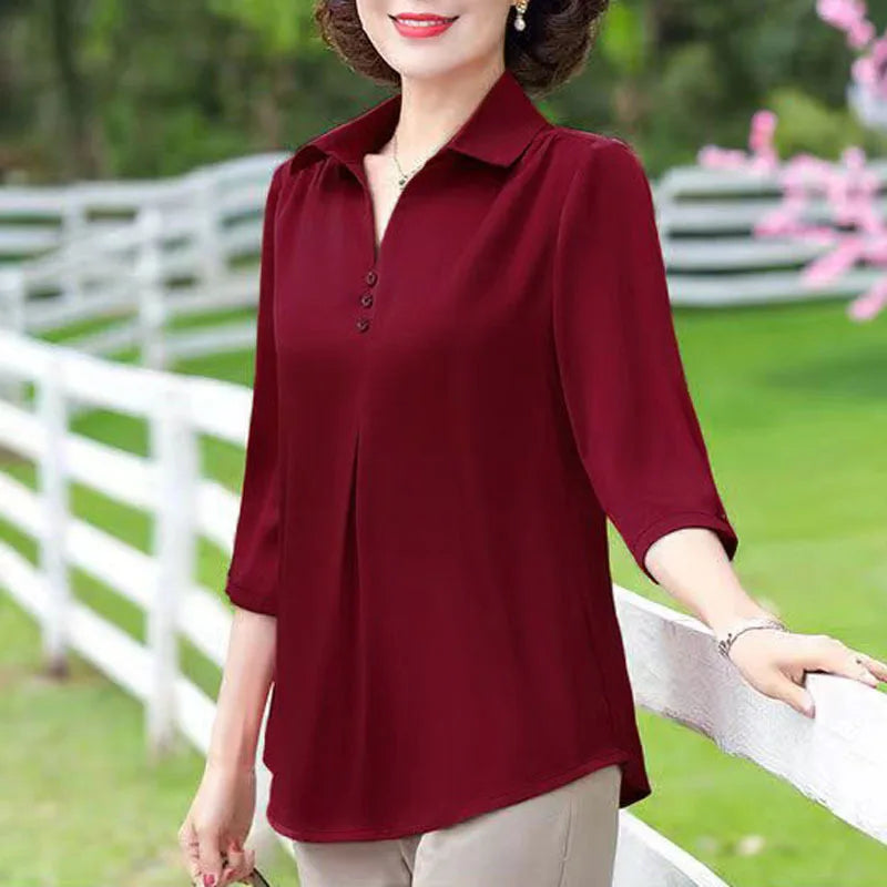 1pcs Woman Summer Solid Blouses Shirt Lady Thin Pullover Shirt Female Casual Half Sleeve Turn-down Collar Loose Top Mom Clothing.