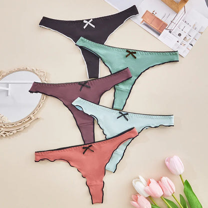 4pcs women's cotton solid color thong sexy comfortable women's underwear daily breathable T-back knitted bow cute girl low-waist.