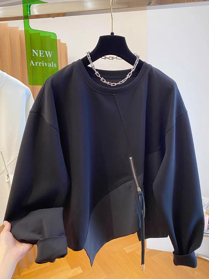 Autumn and Winter Women's Pullover Round Neck Hoodie Lazy Style Splicing Design Loose Long Sleeve Tops.