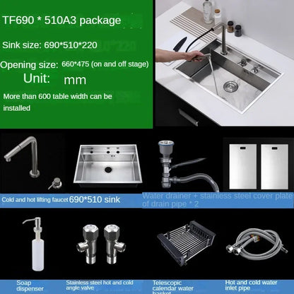 Hidden Stainless Steel Kitchen Sinks Modern Kitchen Accessories with Cover Kitchen Sink Dish Drainer Light Luxury Single Tank L