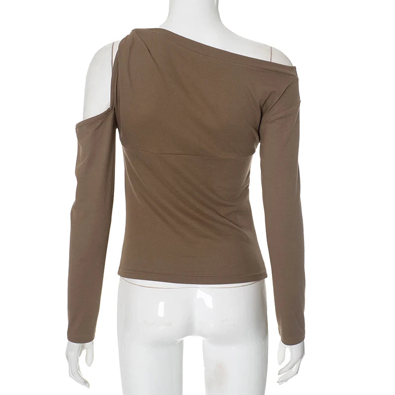 CUTENOVA Fall Outfits Women Solid Color One-Shoulder Long-Sleeved Women'S Top Sexy Hollow Out Twisted Casual Chic T-Shirt Female.