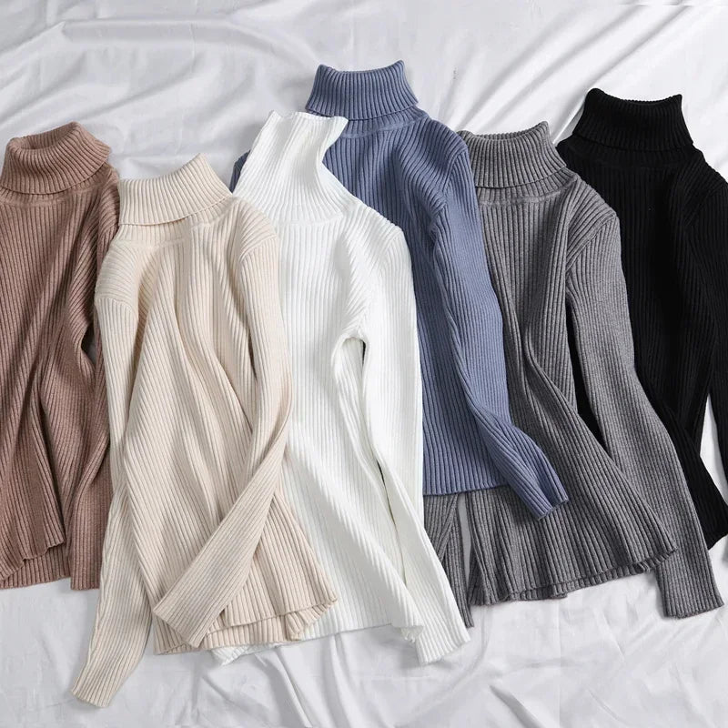Frauen einfarbig lange Ärmel Roll kragen pullover Strick pullover grundlegende weiche Pullover einfache elegante Mode neu.
