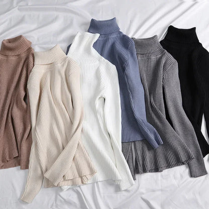 Frauen einfarbig lange Ärmel Roll kragen pullover Strick pullover grundlegende weiche Pullover einfache elegante Mode neu.