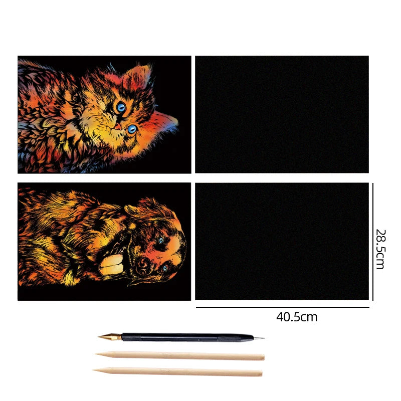 4PCS Scratch Art Paper World Landmarks Animals Painting Toy with Stylus Stress Relief Drawing Kids Adult Gift Glow in Dark Craft.