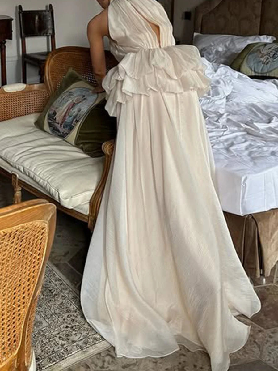 VGH Solide Abend Gespleißt Rüschen Maxi Kleider für Frauen High Neck Ärmellose Tunika Temperament Zeremonie Kleid Weibliche Kleidung.