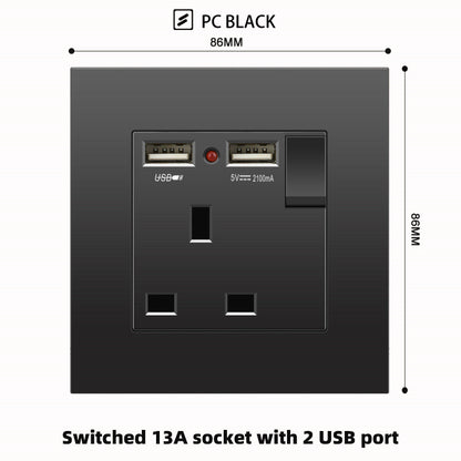 Schwarze UK 13A Wandsteckdose mit USB Typ C 18W Schnelllade-Steckdose, Wandsteckdose mit USB-Ladegerät, Schalter mit Steckdose.