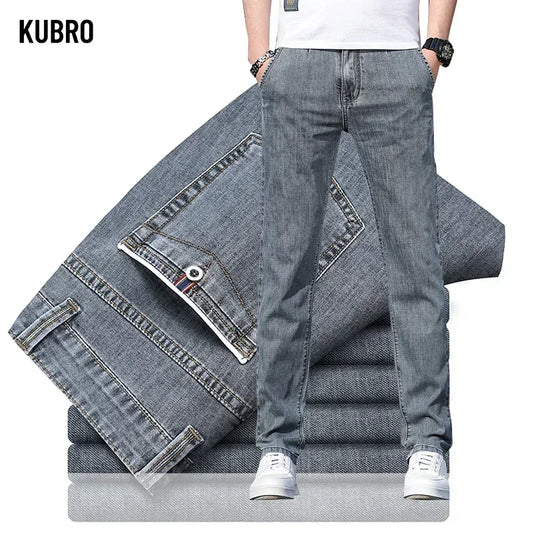 KUBRO 2024 Summer New Men's Loose Stretch Gray Jeans Fashion Casual Stretch Straight-leg Denim Pants Male Light Blue Brand.