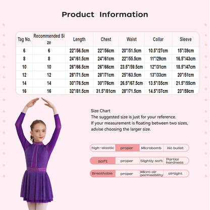 Kinder Mädchen Eiskunstlauf Kostüm Ballett lyrische Tanz gymnastik Trikot Kleid Langarm glänzend Mesh Performance Dance wear.