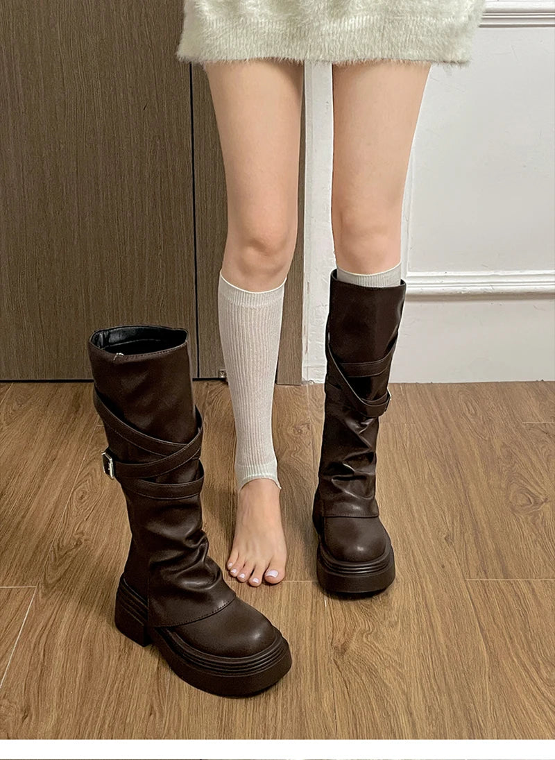 Vintage Thick Heel Women Knight Long Boots Fashion Slip On Knee High Booties Autumn Winter Shoes Zapatos De Mujer.