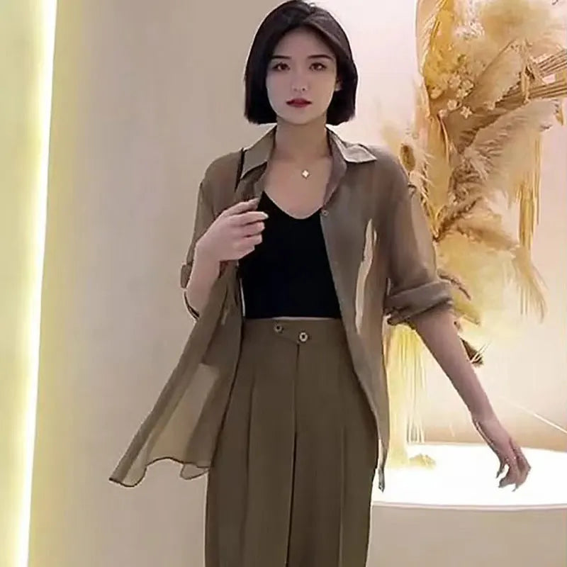 Sheer Chiffon Shirt Women's Casual UV Resistant Cardigan Summer Thin Commuting Coat Japanese Fashion Mesh Sunscreen Clothing Y2k.