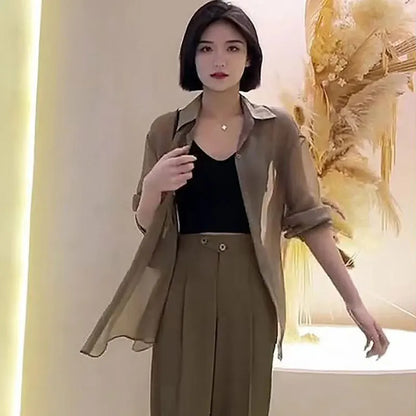 Sheer Chiffon Shirt Women's Casual UV Resistant Cardigan Summer Thin Commuting Coat Japanese Fashion Mesh Sunscreen Clothing Y2k.