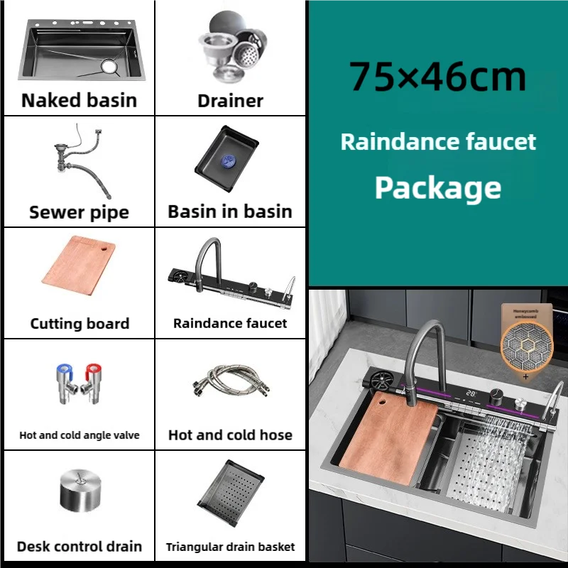 Stainless Steel Kitchen Sink Waterfall Faucet Large Single Sink Intelligent Dishwasher Sink Digital Display and Light Effects