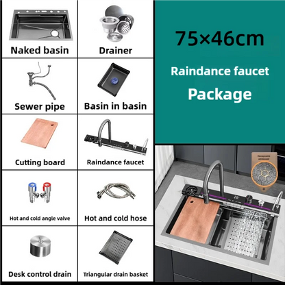 Stainless Steel Kitchen Sink Waterfall Faucet Large Single Sink Intelligent Dishwasher Sink Digital Display and Light Effects