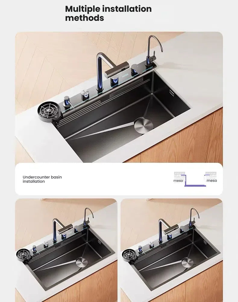 Household Intelligent Stainless Steel Kitchen Sink Digital Display Waterfall Wash Dish Basin Honeycomb Emboss Large Single Slot