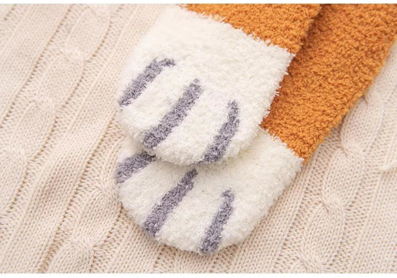 Women Winter Warm Fluffy Socks Cute Animal Claw Cat Paw Footprint Fuzzy Socks Female Thick Coral Fleece Home Floor Sleep Socks.