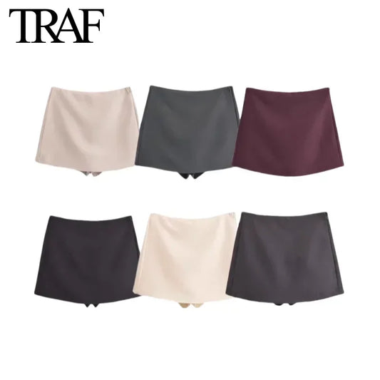 TRAF Shorts for Women Fashion Autumn Winter New Comfortable Casual Solid Color Side Zip Middle-waisted A-line Culotte Skirt Pant.