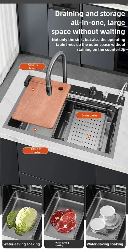 Stainless Steel Kitchen Sink Waterfall Faucet Large Single Sink Intelligent Dishwasher Sink Digital Display and Light Effects