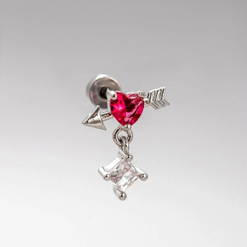 New Trendy Shiny Rose Red Color Zircon 316L Stainless Steel Ear Bone Nail Y2K Gothic Love Heart Small Earrings for Women Jewelry.