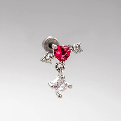 New Trendy Shiny Rose Red Color Zircon 316L Stainless Steel Ear Bone Nail Y2K Gothic Love Heart Small Earrings for Women Jewelry.