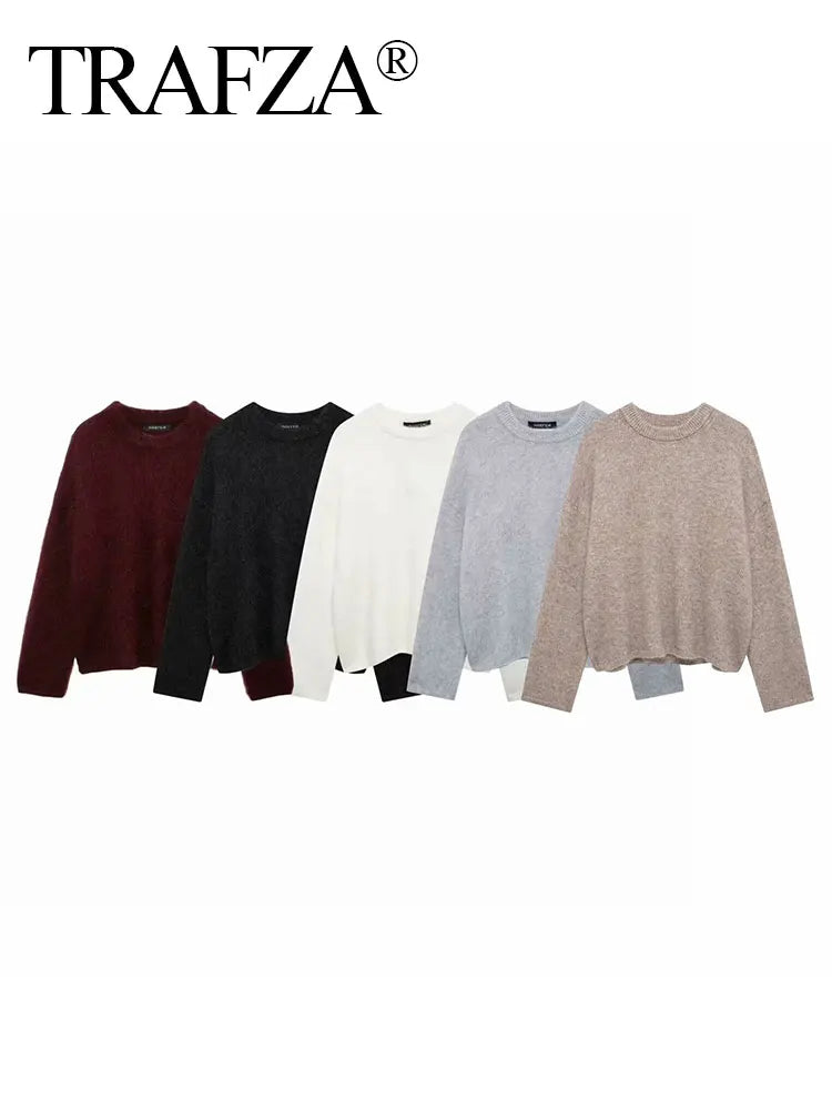 TRAFZA Frauen Elegante Solide O Neck Pullover Lose Beiläufige Langarm Gestrickte Pullover Sweatshirt Herbst Büro Dame Strickwaren Top.