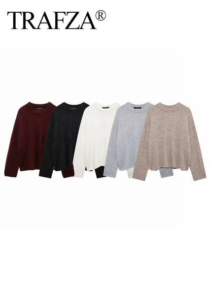 TRAFZA Frauen Elegante Solide O Neck Pullover Lose Beiläufige Langarm Gestrickte Pullover Sweatshirt Herbst Büro Dame Strickwaren Top.