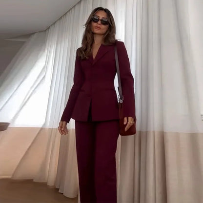 American New Fashion Women's Solid Color Casual Trendy 2 Piece Sets Long Sleeve Suit Blazers Wide Leg Trousers Female Clothes.