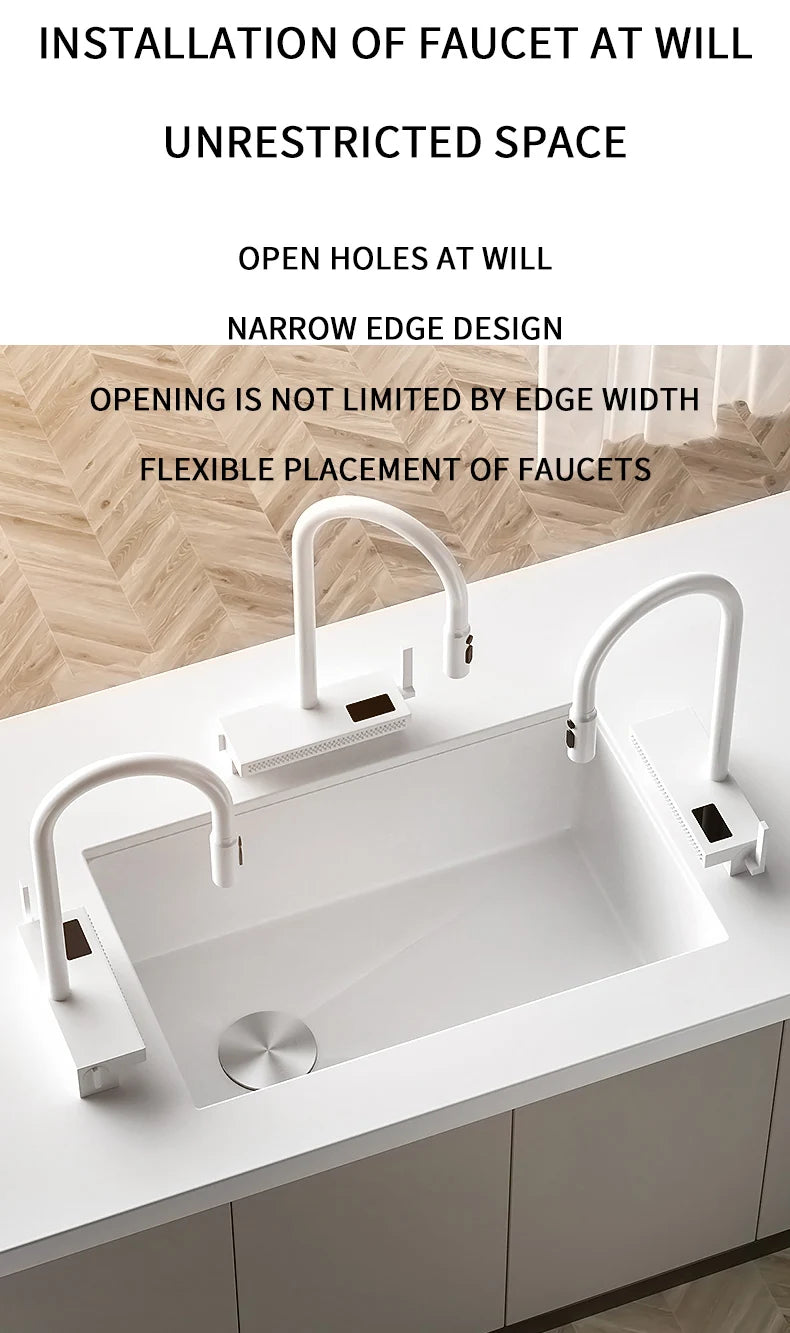 White Stainless Steel Kitchen Sink with Digital Display Multifunction Waterfall Faucet large Wash Basin for Kitchen Accessories