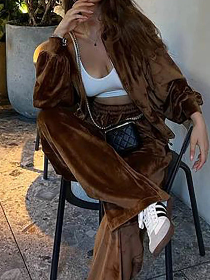 Women Autumn Hooded Coat Two Pieces Sets, Solid Patchwork Wide Leg Pants Chic Outfit, New Long Sleeve Casual Simple Ladies Suits.