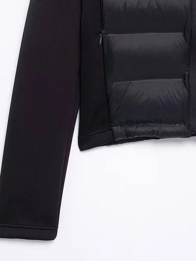 TRZA-Patchwork-gepolsterter Jackenmantel mit Kapuze und Taschen für Damen, lange Ärmel, Reißverschluss vorne, Damenoberbekleidung, schicke Oberteile, Mode.