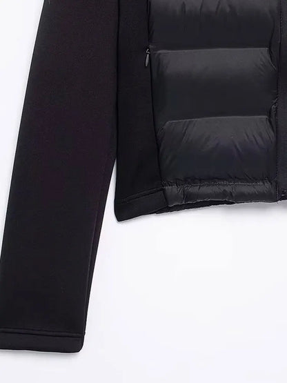 TRZA-Patchwork-gepolsterter Jackenmantel mit Kapuze und Taschen für Damen, lange Ärmel, Reißverschluss vorne, Damenoberbekleidung, schicke Oberteile, Mode.